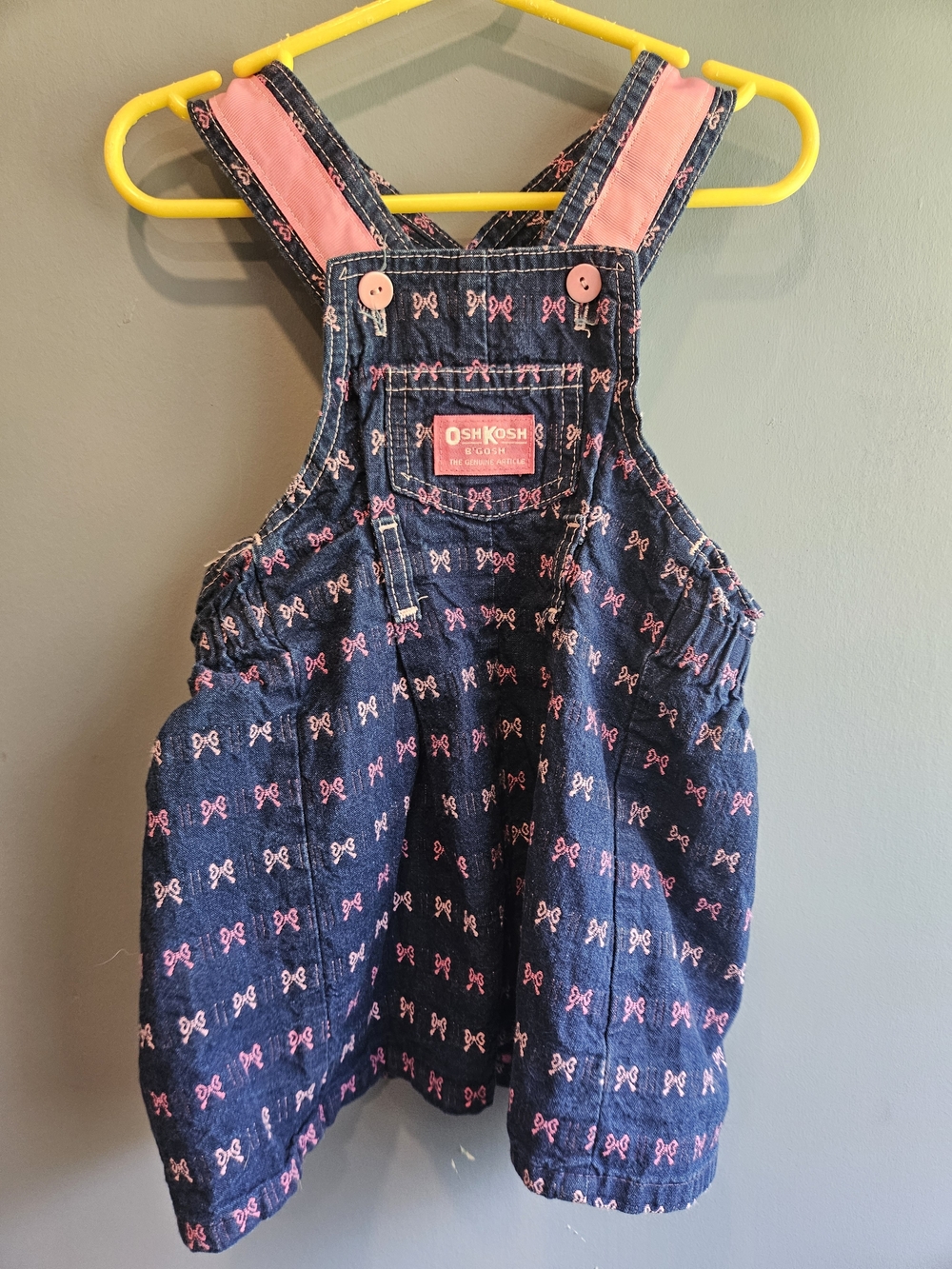 Vintage 90s OshKosh B'Gosh Denim Bow Dress Vestbak Size 2T Rare Pink Ribbon